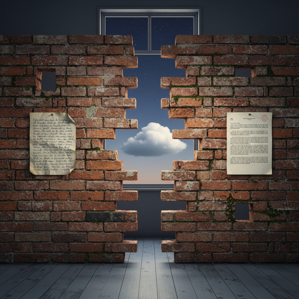 A porous red-brick wall in a twilight interior with multiple openings through which a white cloud is passing; a handwritten patient diary pinned on the left, a typed clinical report pinned on the right — Maitland's semipermeable brick wall model, rendered as a physical object.