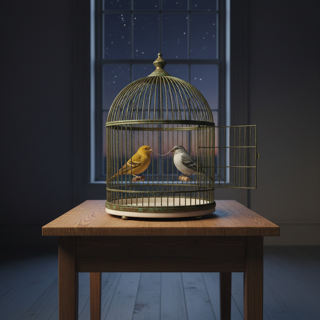Two birds linked inside a domed cage — a surrealist metaphor for bivariate meta-analysis of diagnostic accuracy