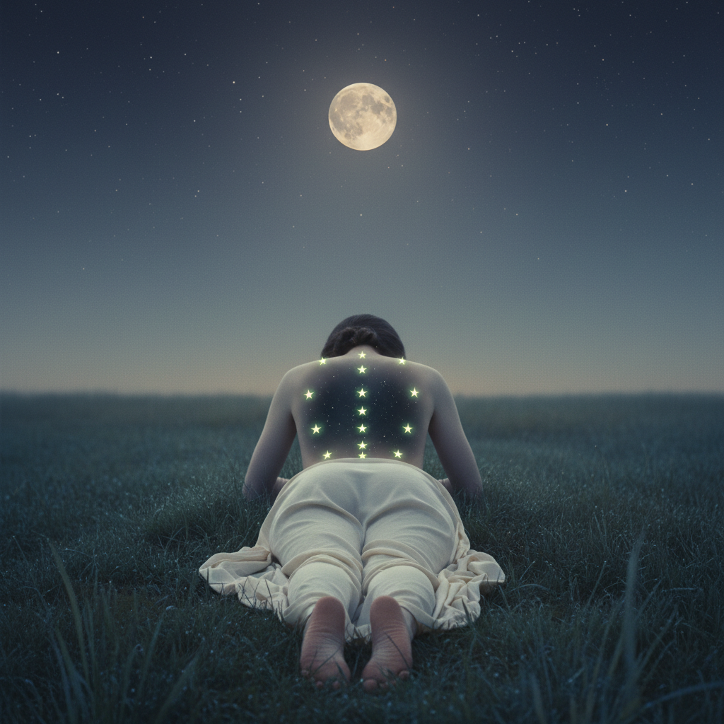 A porcelain-skinned woman lying face-down on night grass, her bare back glowing with 46 stars at the posterior Chapman treatment point locations, under a real starry sky with a photorealistic full moon.