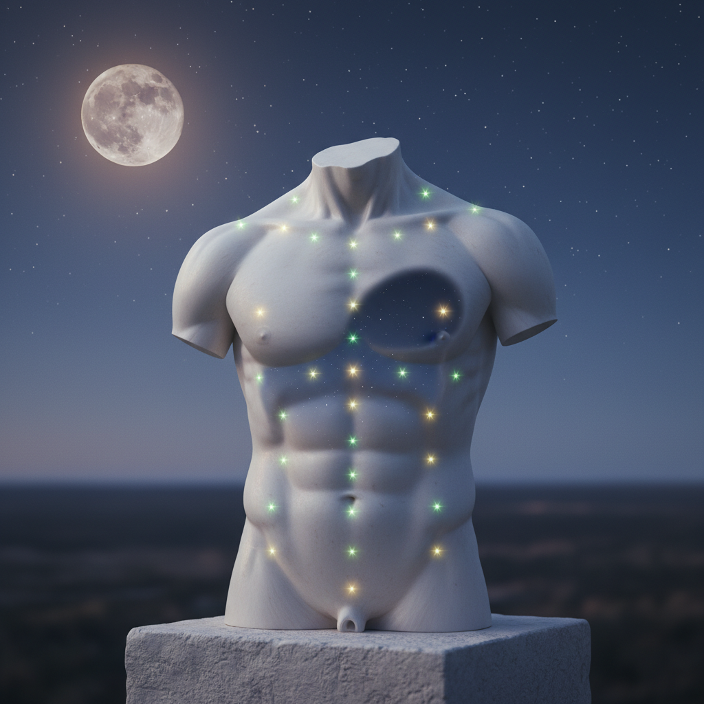 A porcelain headless torso with visible ribs, its chest and abdomen glowing with 46 stars at the Chapman reflex point locations, under a real starry twilight sky with a photorealistic full moon.