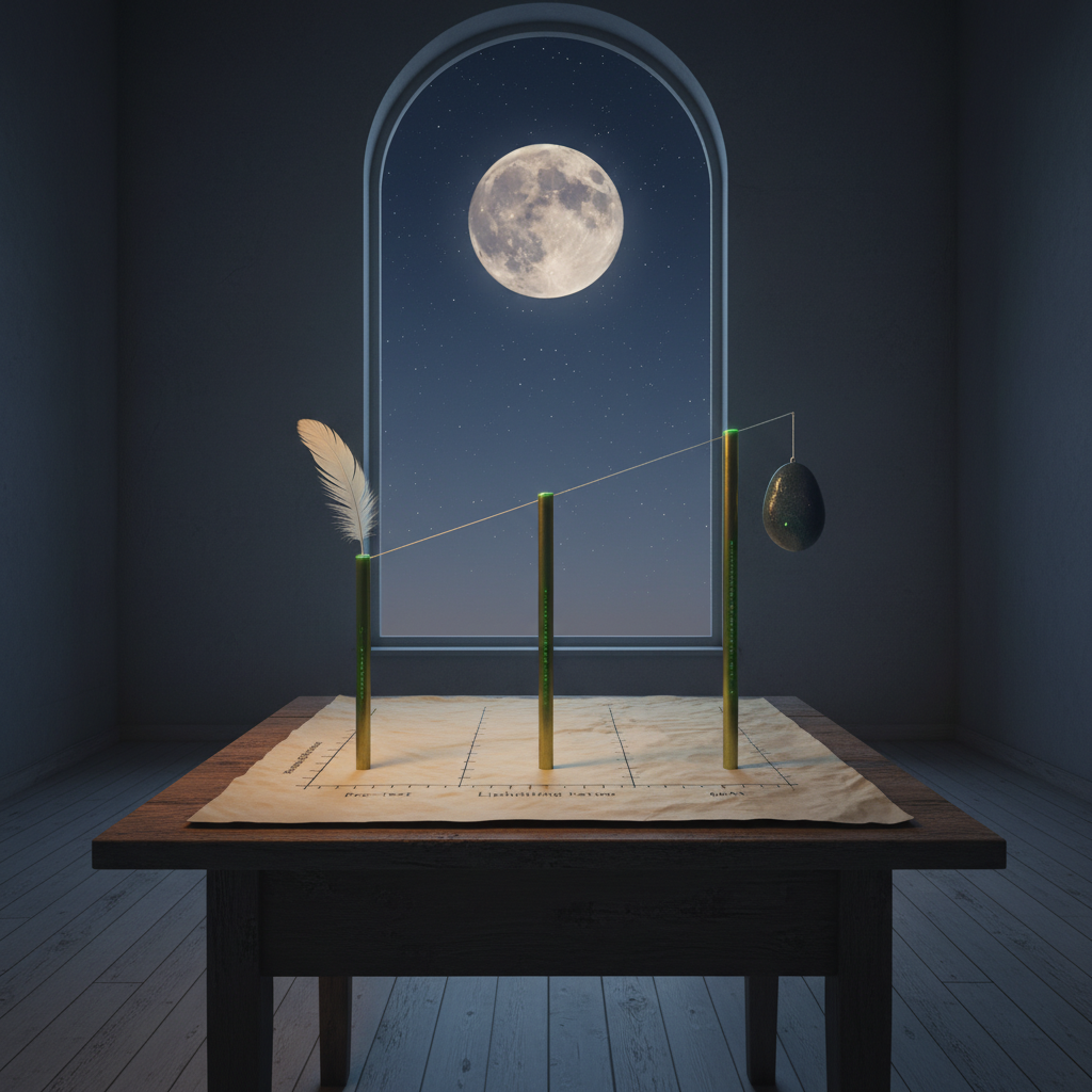 A worn wooden dissection table holding an aged Fagan nomogram parchment; three brushed-brass rods rise from its three scales, a silver thread runs diagonally between them, a white feather rests on the left rod and a dark river stone hangs from the right rod, while a photorealistic full moon sits in a tall arched window behind.
