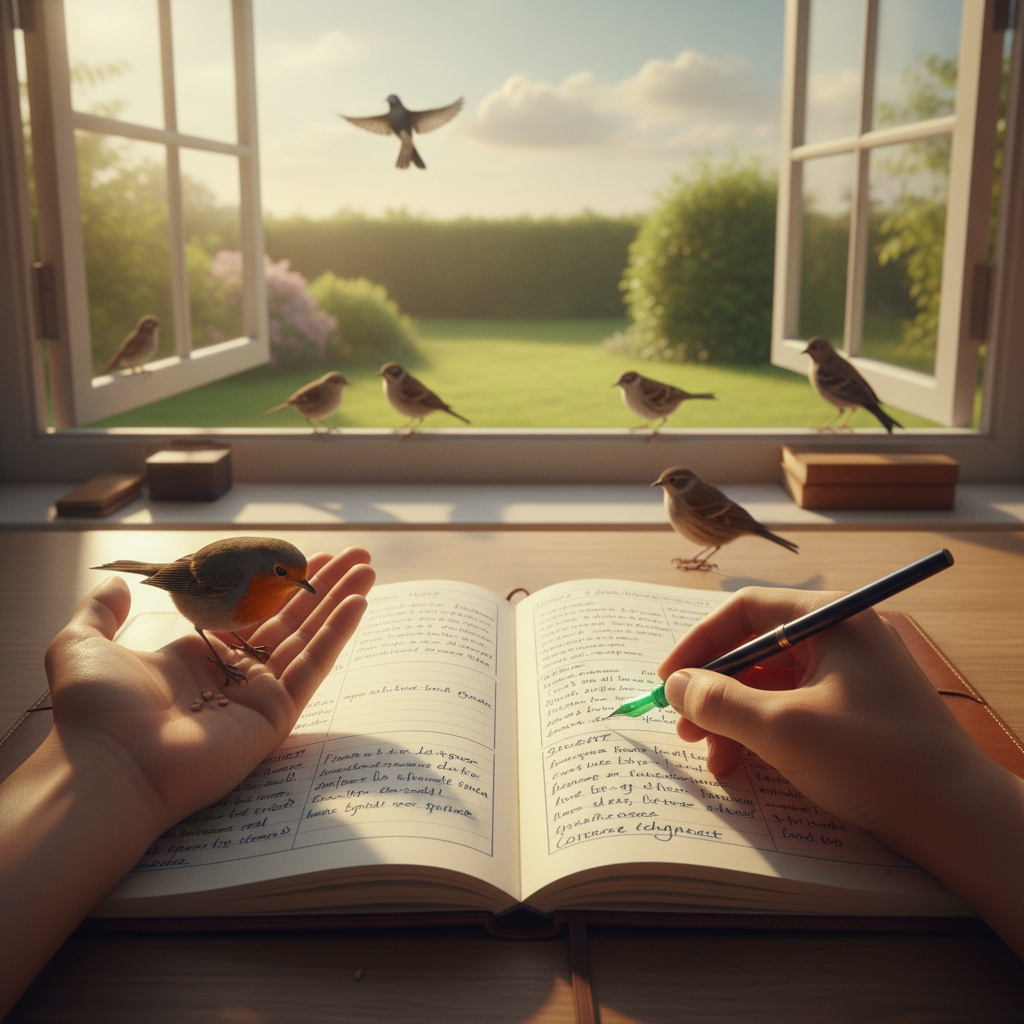 First-person view of a clinician writing SOAP notes — one hand holds the pen, the other offers seeds to a diagnostic-hypothesis bird