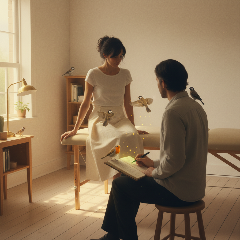 A warm sunlit treatment room — clinician and patient close together, gentle hypothesis-birds perched calmly around them