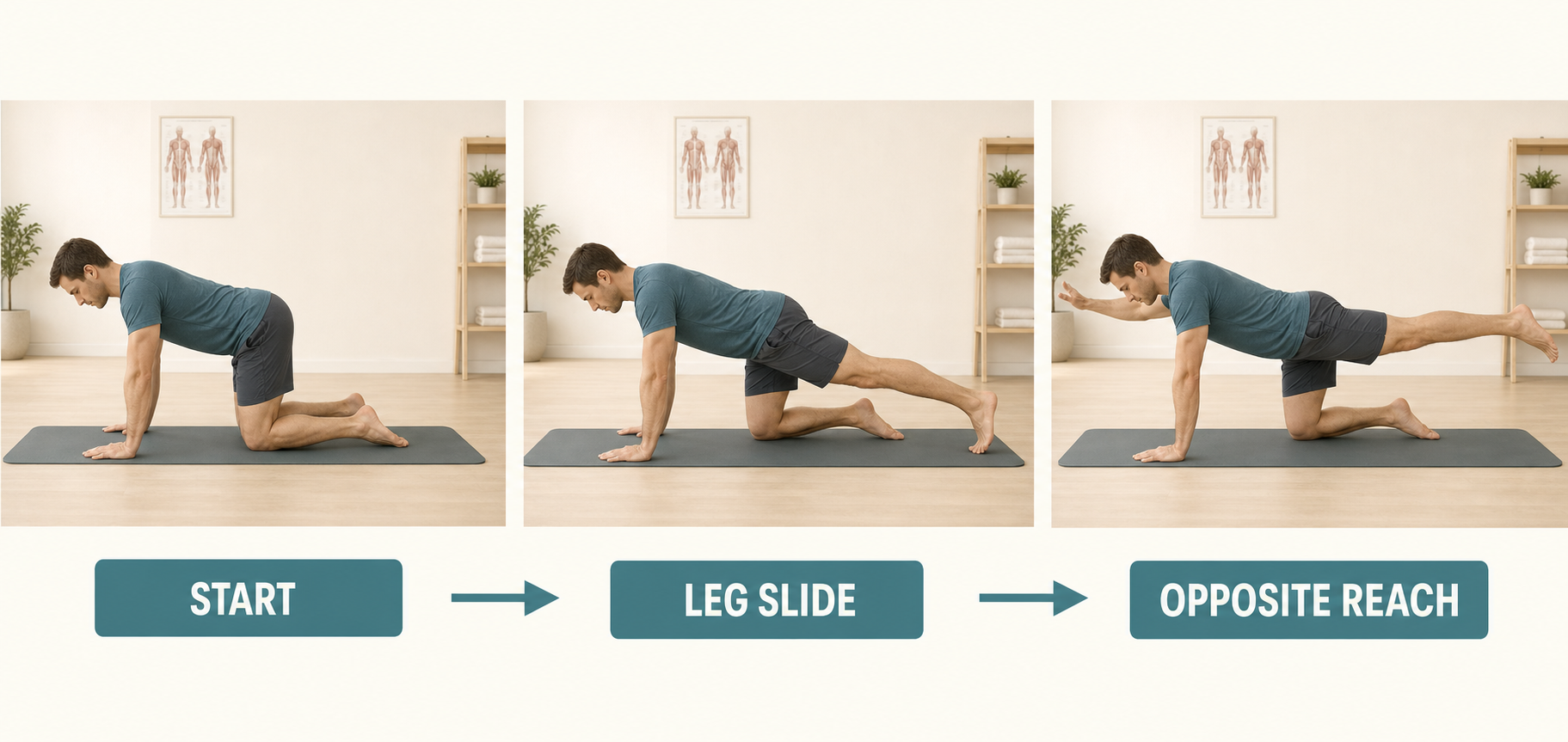 Three-panel sequence showing a hands-and-knees start, leg-only reach and opposite arm-and-leg bird-dog