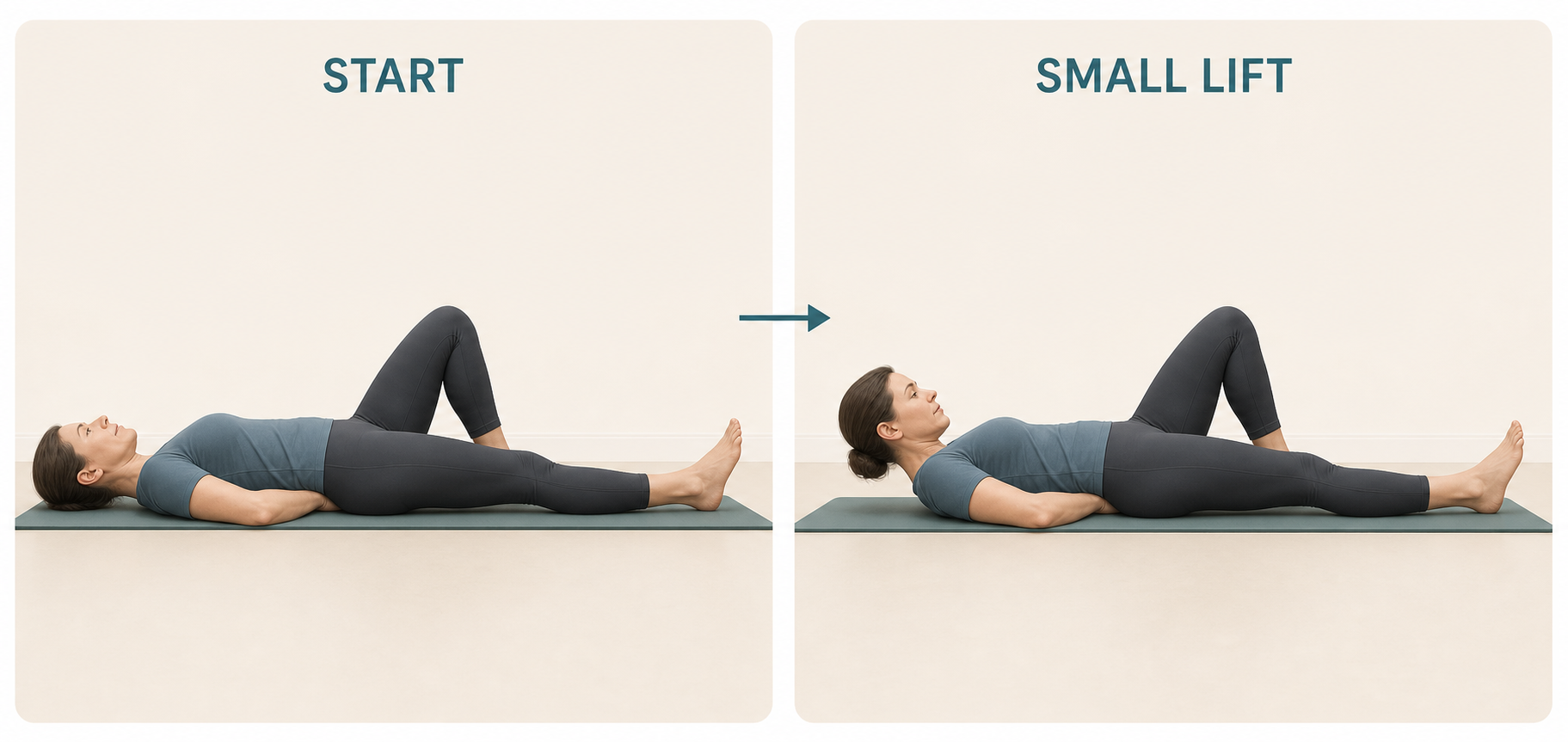 Two-panel sequence showing the modified curl-up start and a small controlled upper-shoulder lift