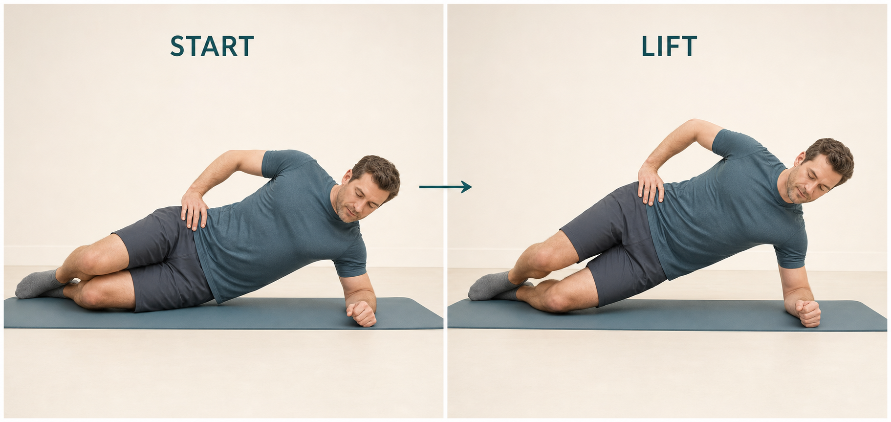 Two-panel sequence showing a bent-knee side plank starting position and controlled hip lift
