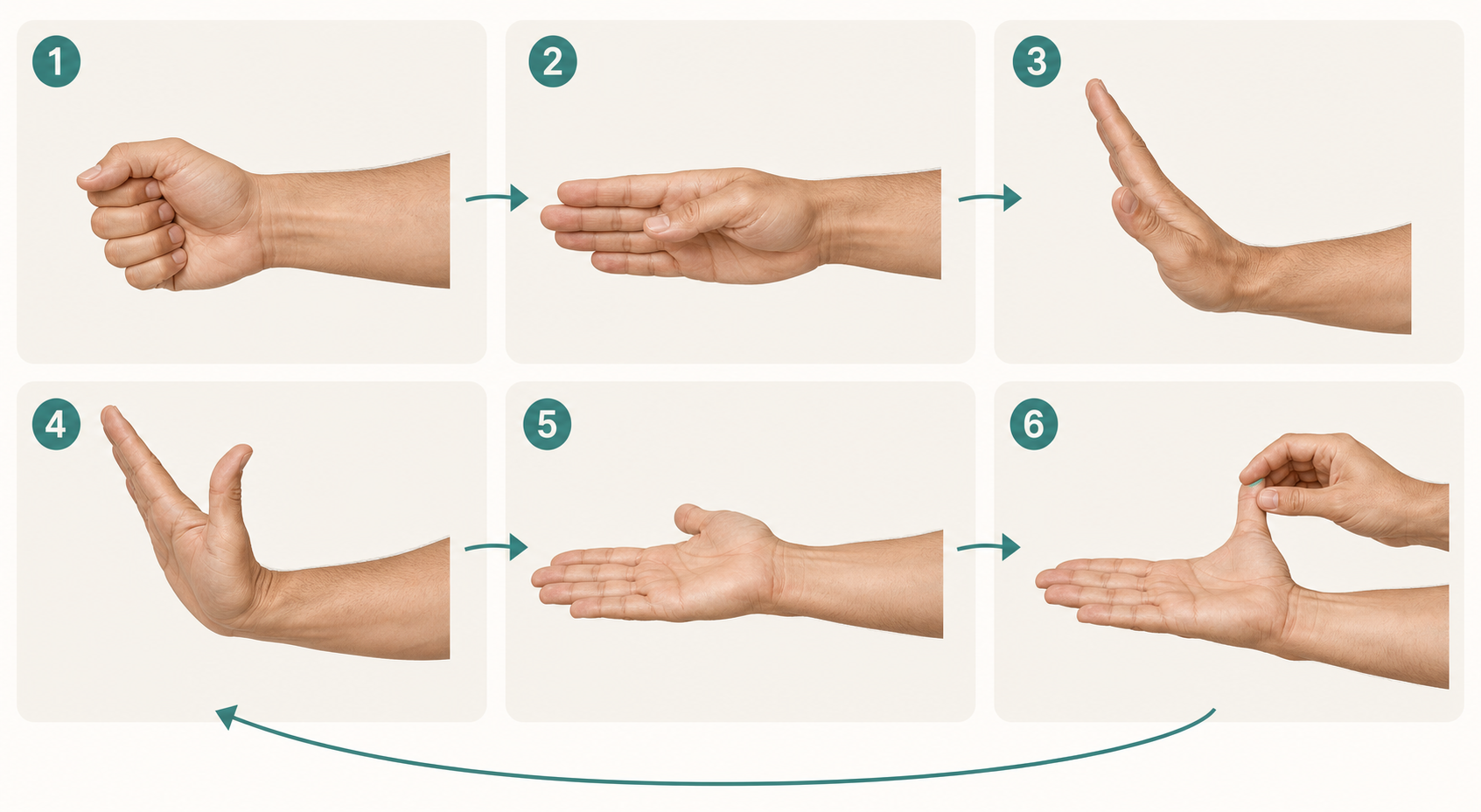 Six-panel sequence showing the hand, wrist, thumb and forearm positions used in median nerve gliding